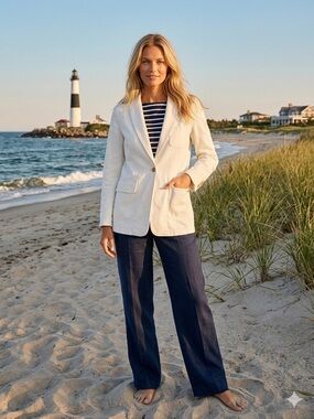 J. Crew Women's Cream Denim Classic Nautical Coastal One Button Blazer Jacket